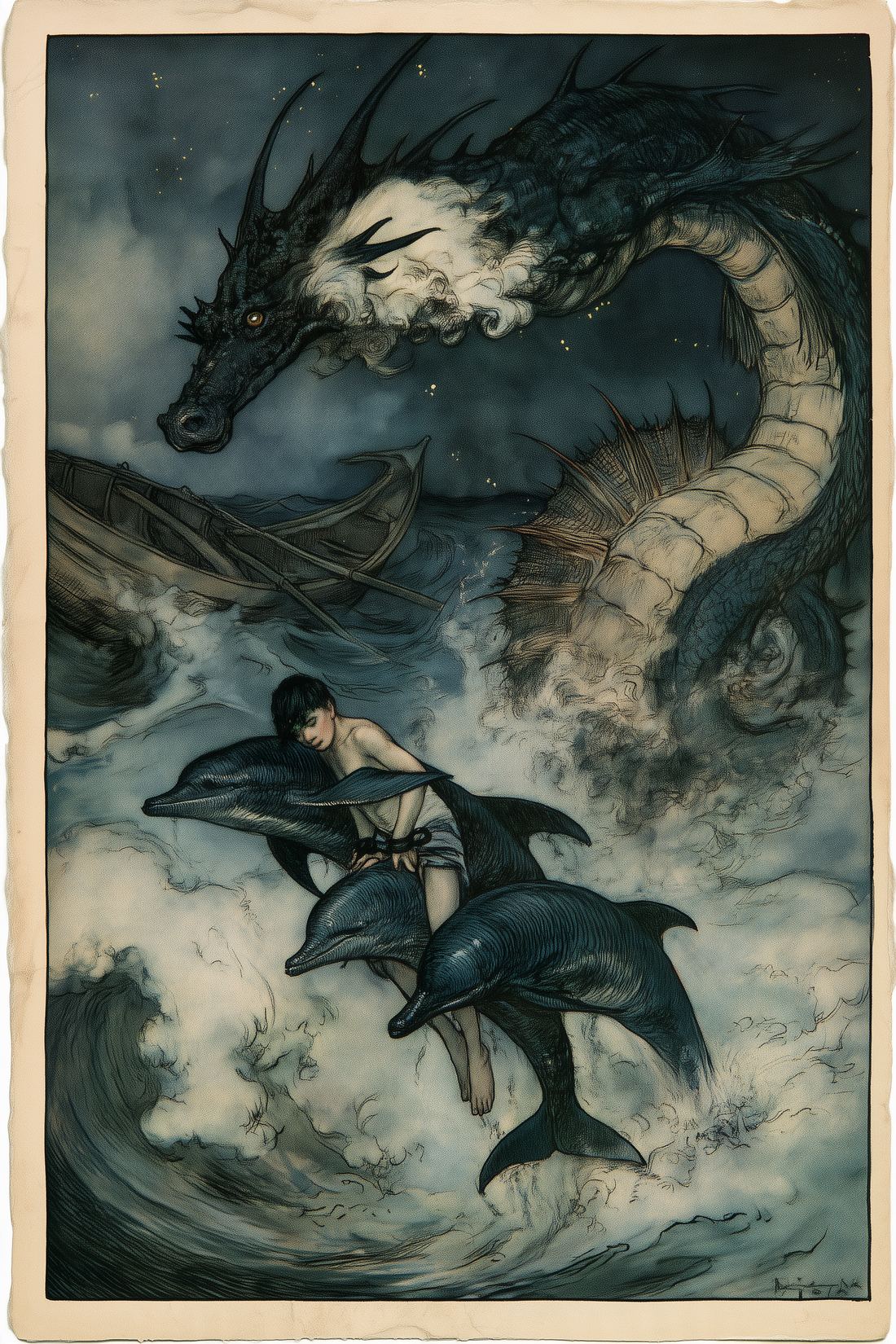 The boy carried through the storm on the backs of dolphins, a sea serpent above him and a ship going down