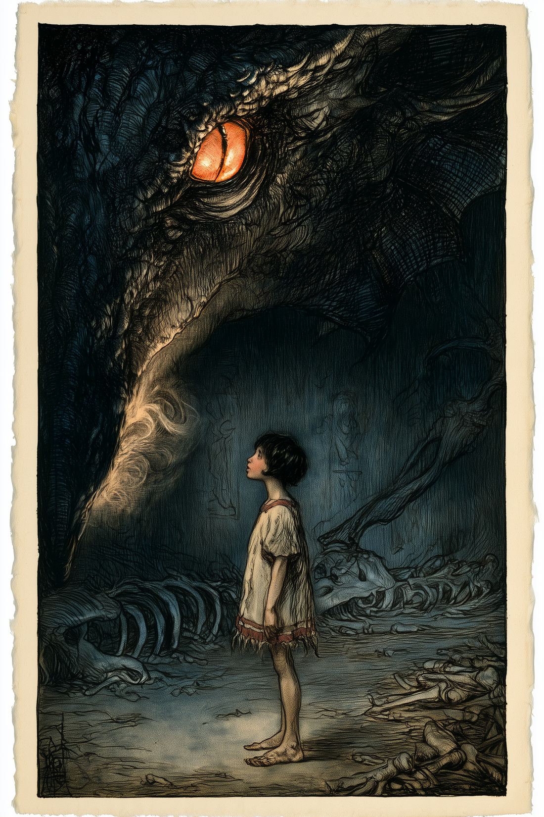 A boy small among the bones of a vast cavern