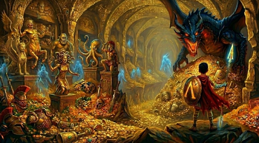 The dragon Kalaxes over its hoard in a gilded hall, the boy standing before it with spear and shield