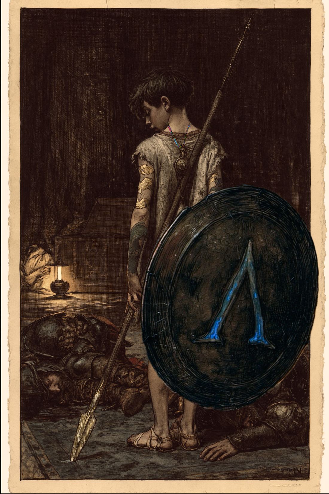 The boy with spear and the lambda shield, its device burning blue, the fallen guards behind him