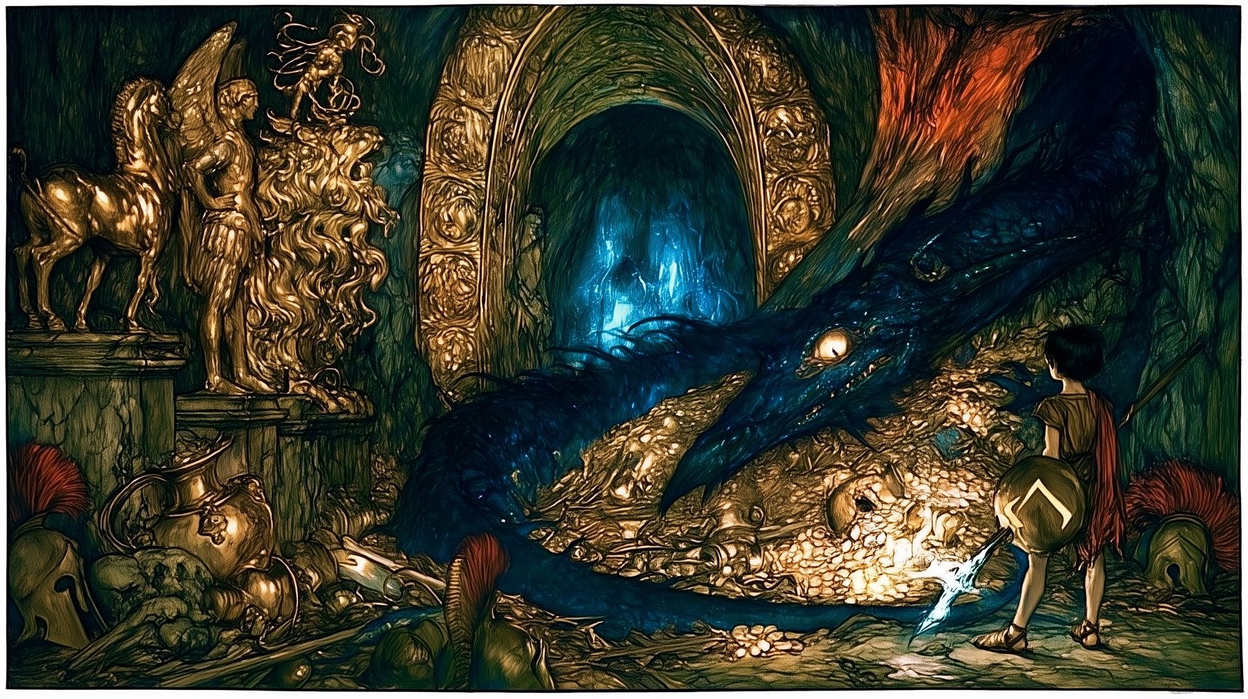 The hoard beneath the mountain, drawn in the manner of the plates