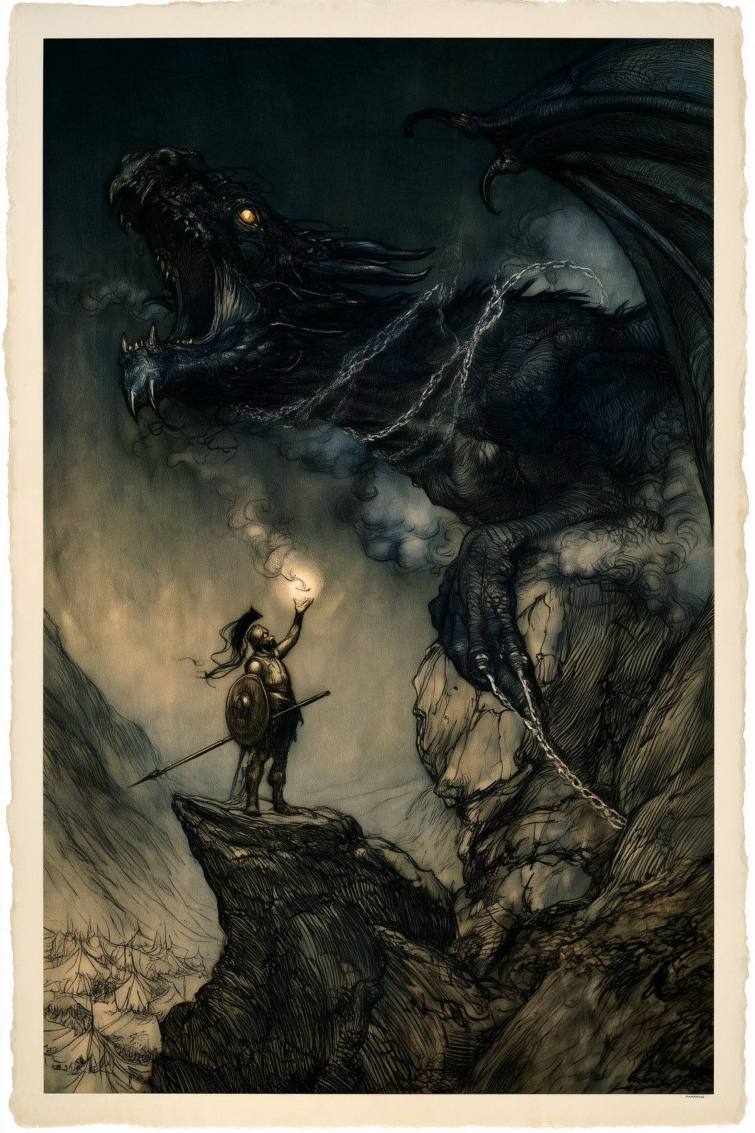 A Spartan king on a high ridge binding an immense dragon with chains of light