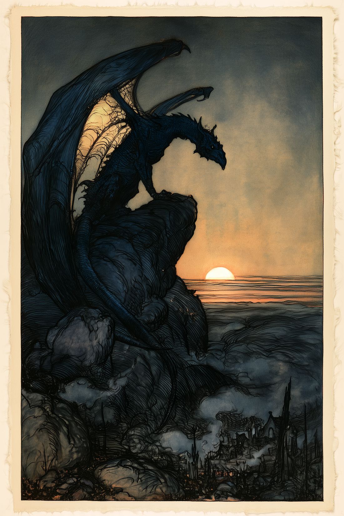 The dragon in silhouette on a crag against the setting sun, a burning village below
