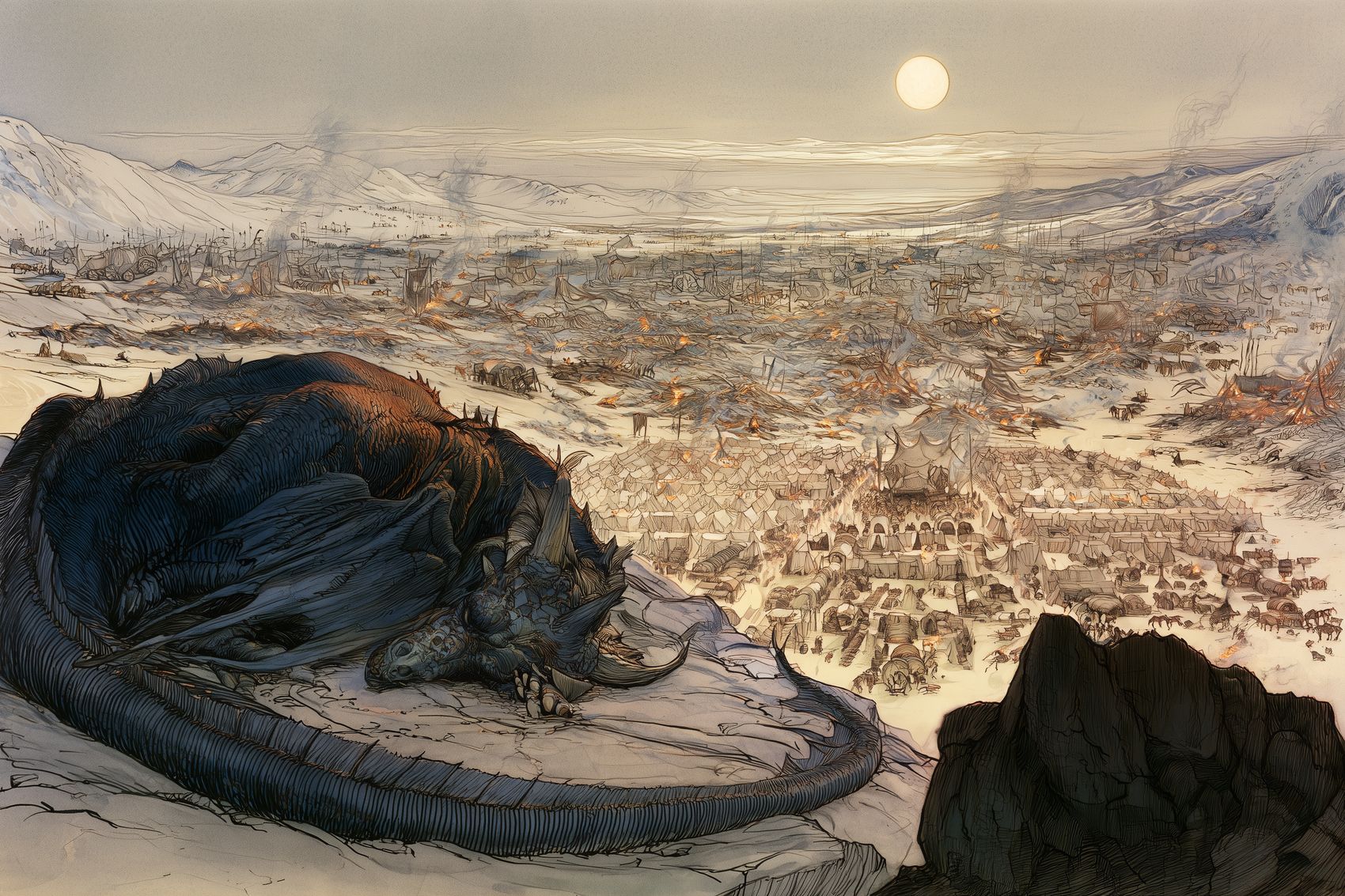 The dragon asleep at the edge of a war camp on a burnt valley floor under a pale moon