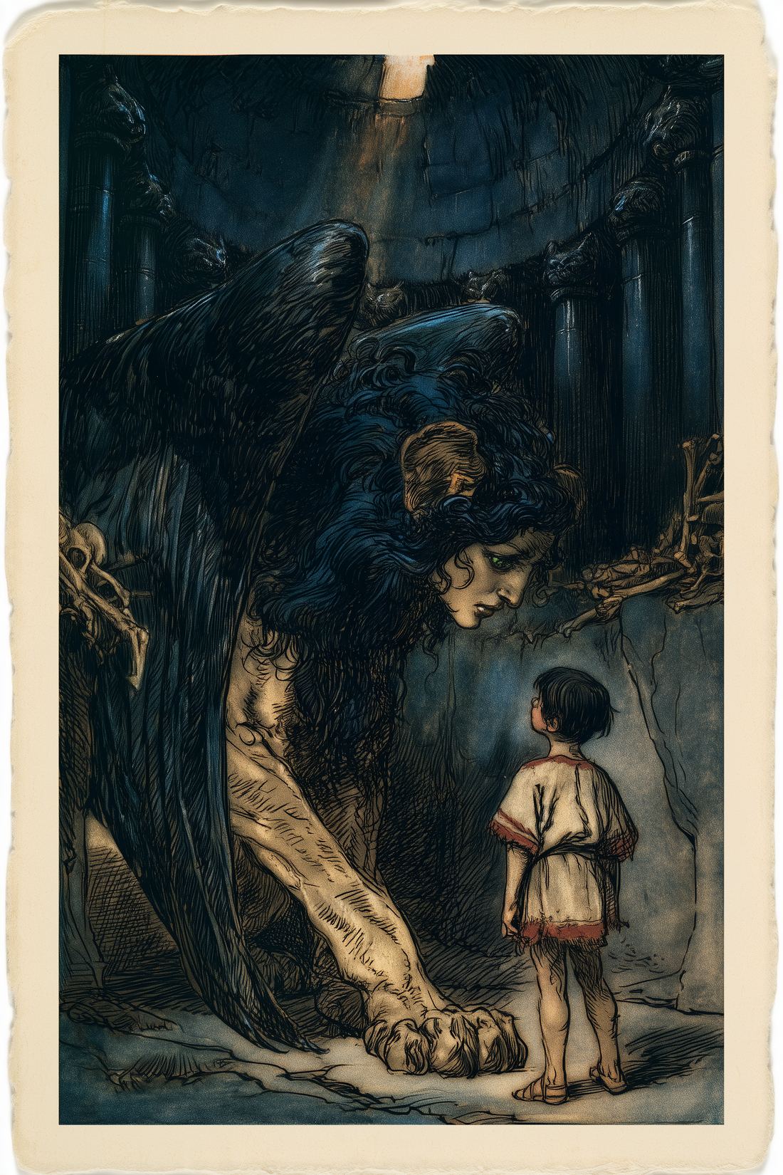The sphinx leaning down to the boy among scattered bones