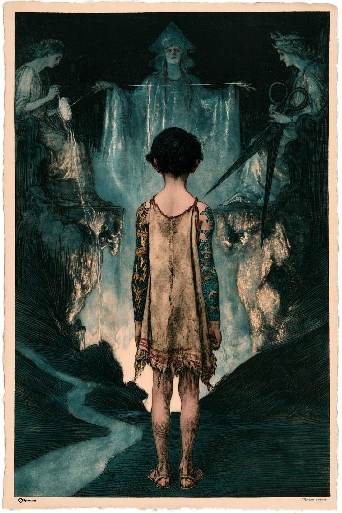 The boy standing before the three Fates, the thread held between them and the shears raised