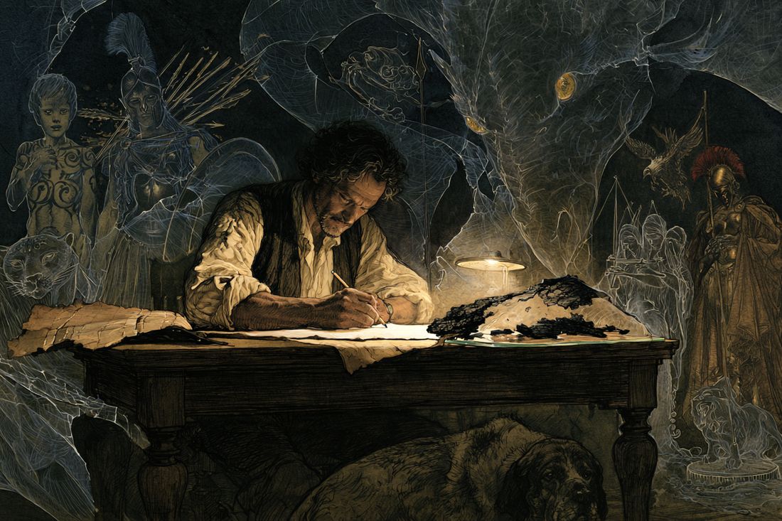 The translator at his desk with the unrolled scroll, the figures of the story standing about him in the dark