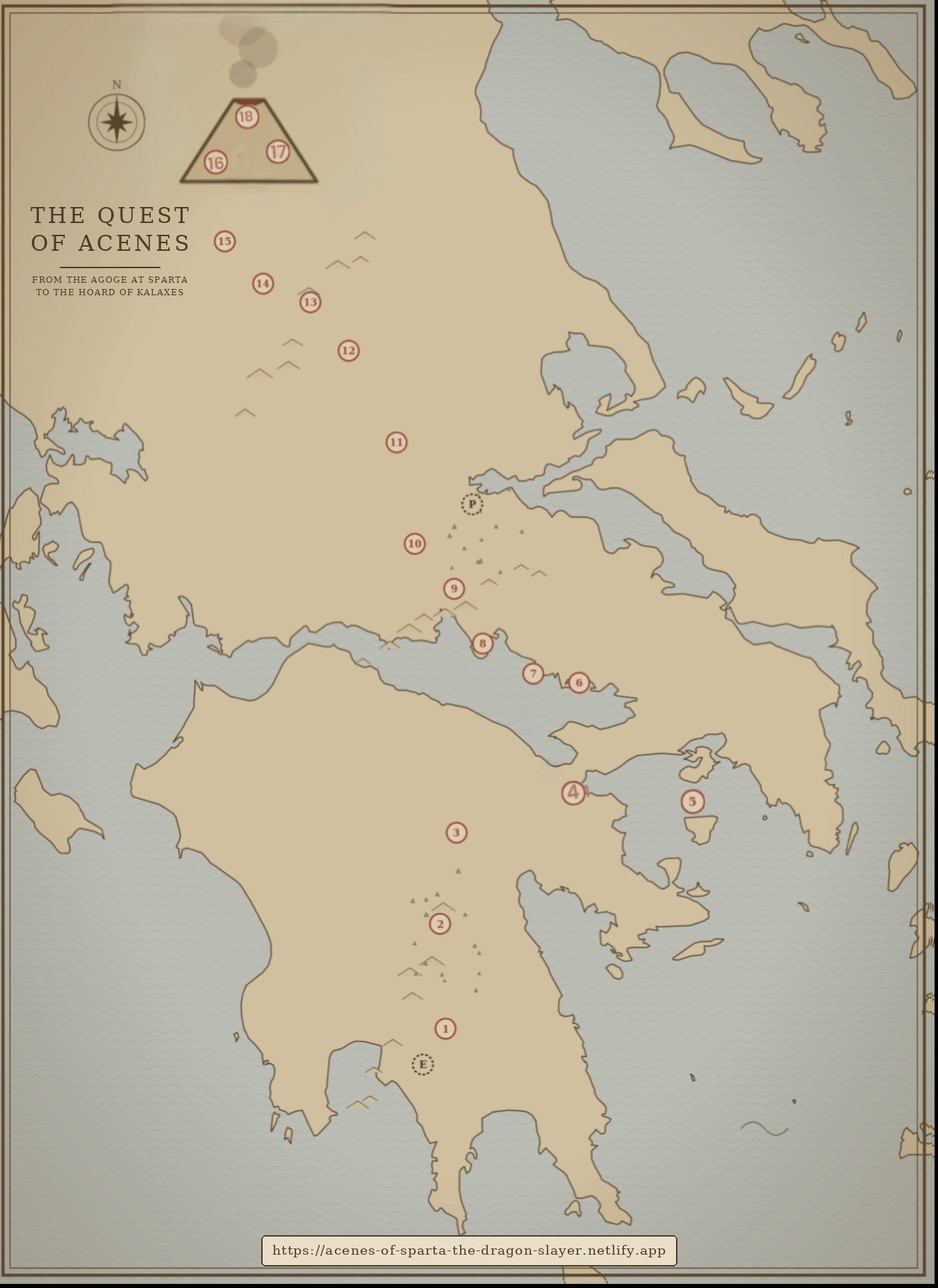 Map of Greece marking the twenty stops of Acenes' journey from Sparta north to the dragon's mountain.